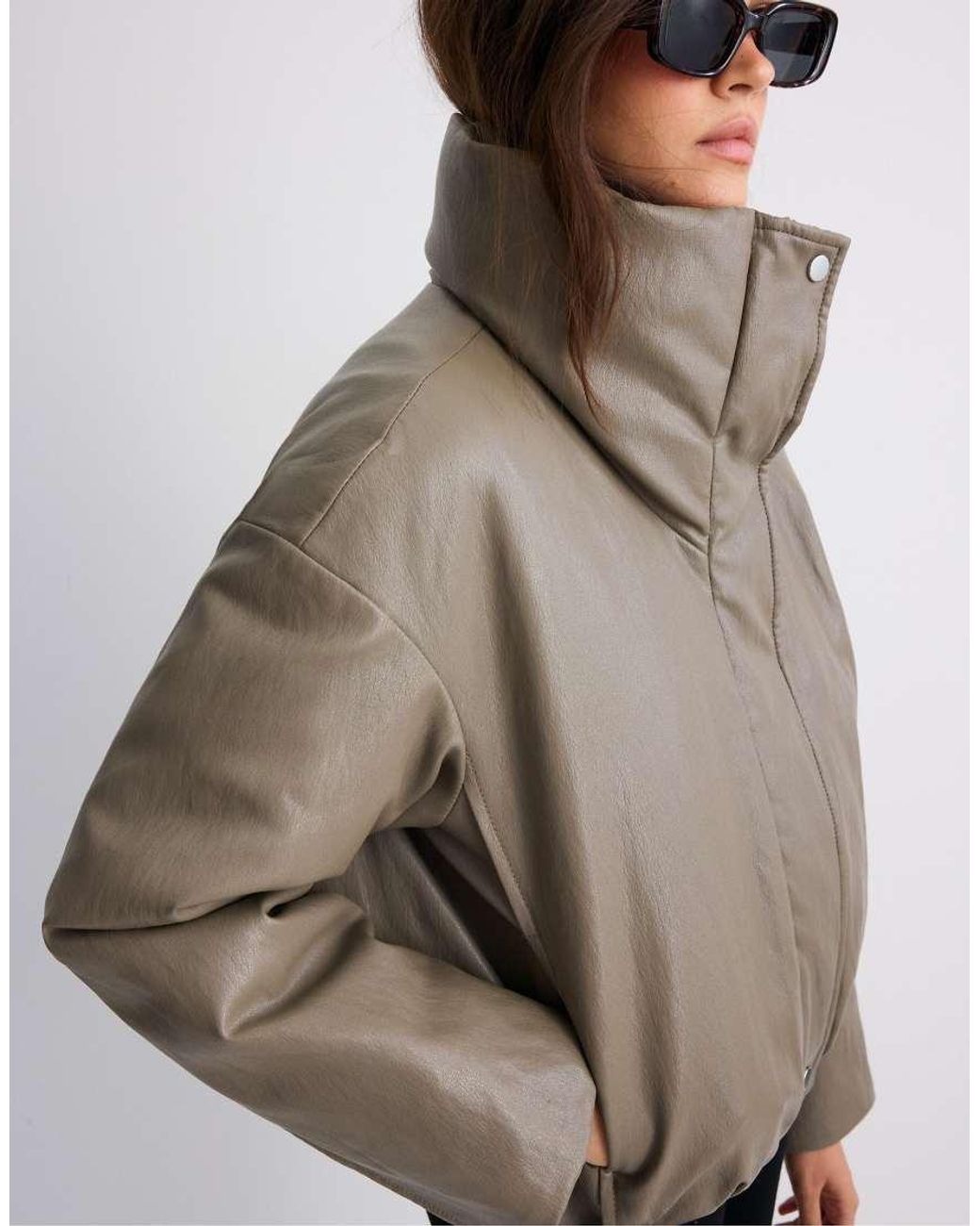 Stradivarius Gray Leather Effect High Neck Puffer Jacket