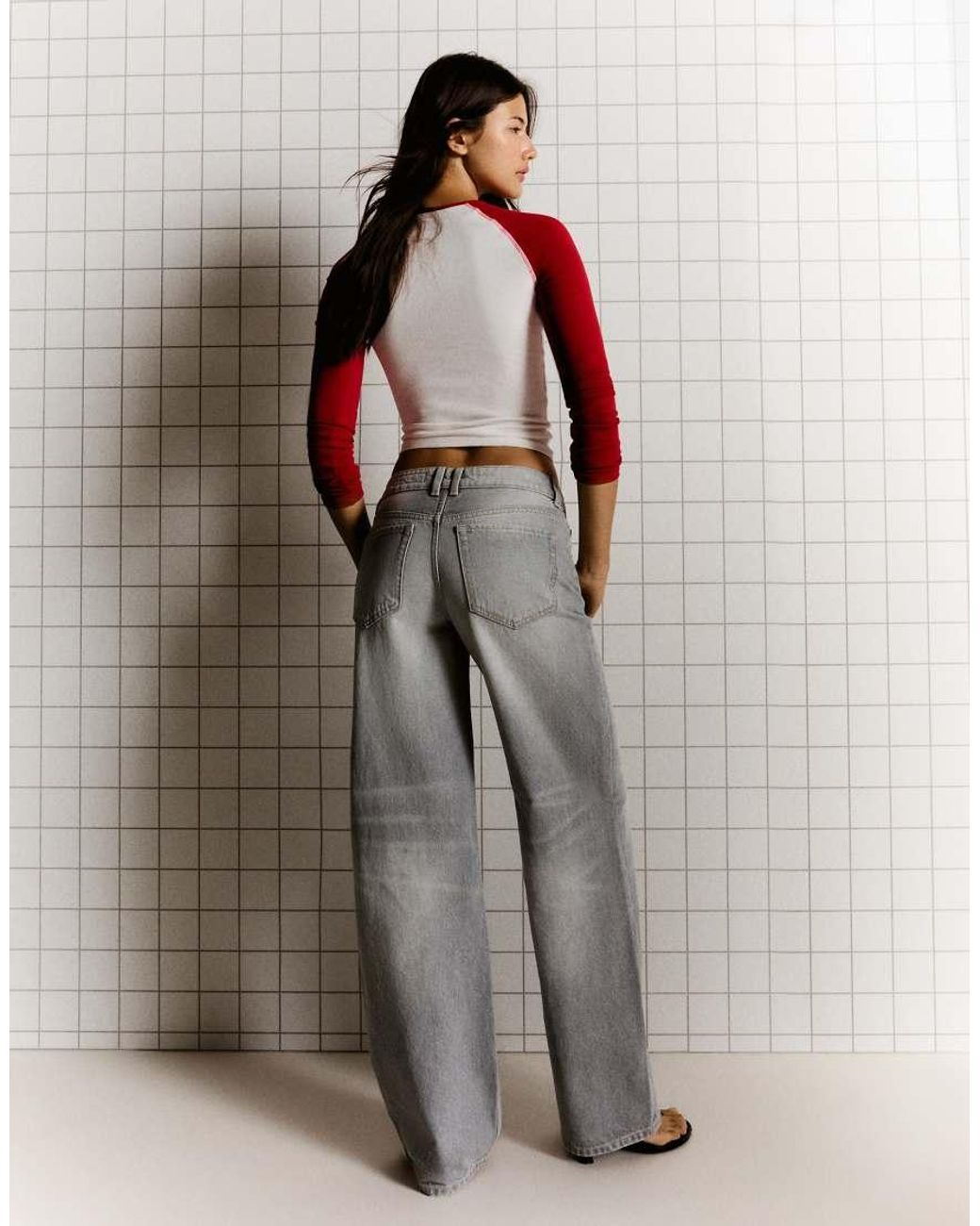 Bershka Gray Petite High-Waist Wide Straight-Leg Jeans