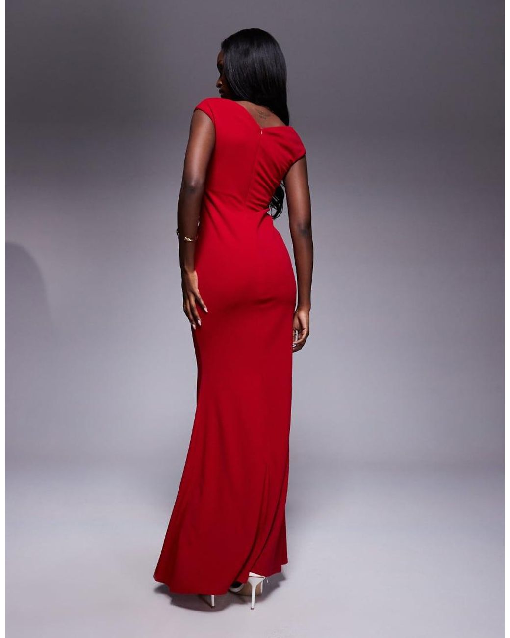 Goddiva Red Bardot Pleated Maxi Dress