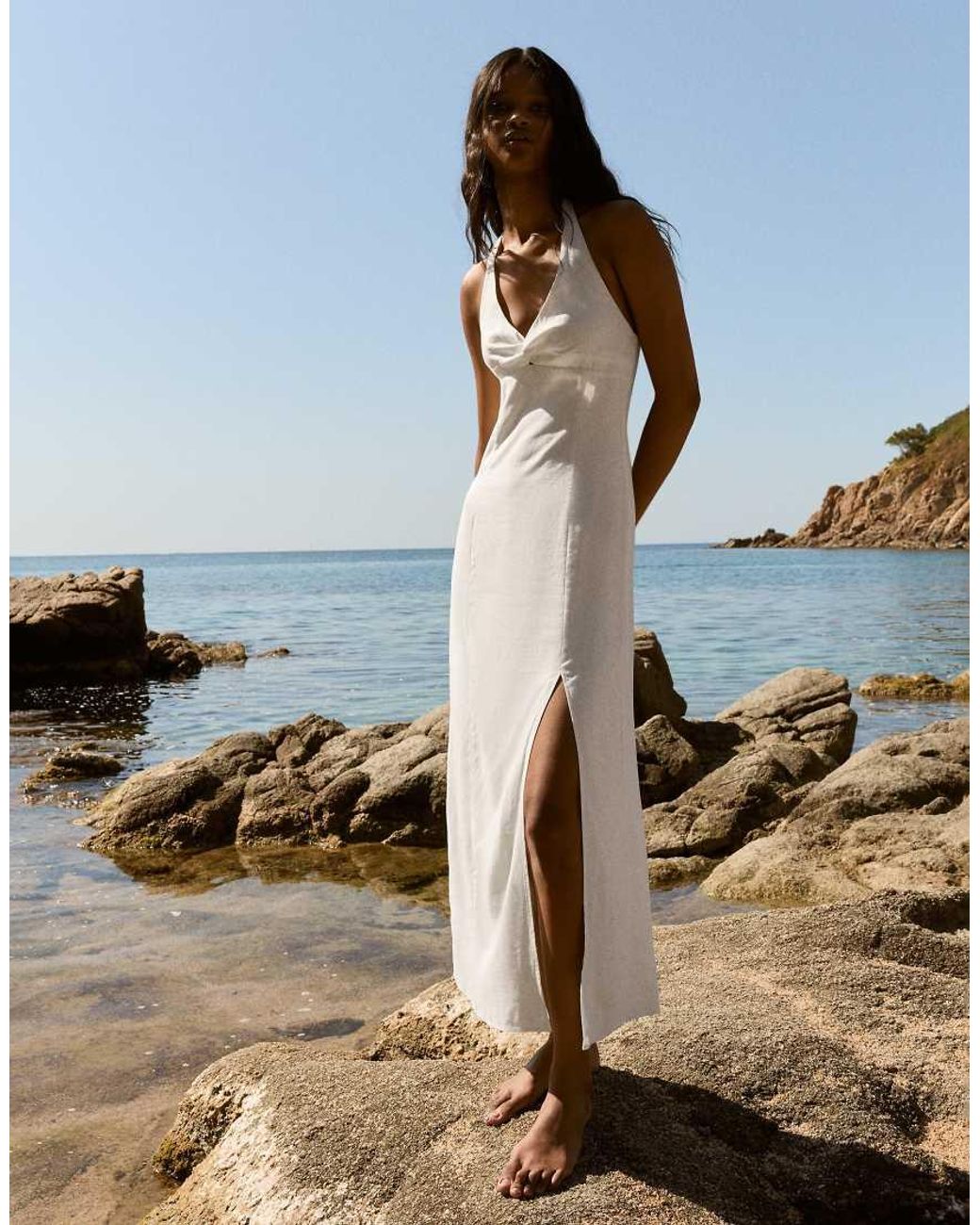 Bershka White Halter Midi Dress With Linen
