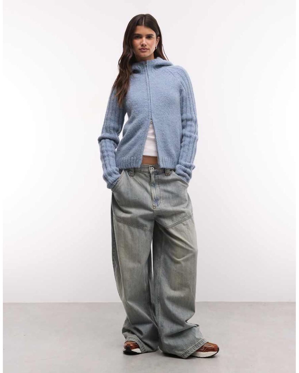 Weekday Blue Wool Blend Zip Cardigan With Hood