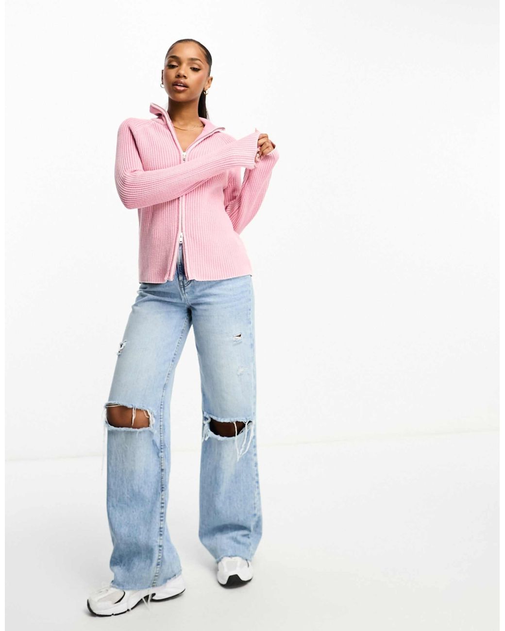 Monki Ribbed Knitted Two Way Zip Cardigan in Pink | Lyst