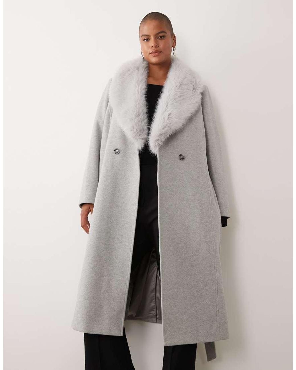 Forever New Gray Wool Feel Formal Belted Longline Detachable Faux Fur Collar Coat