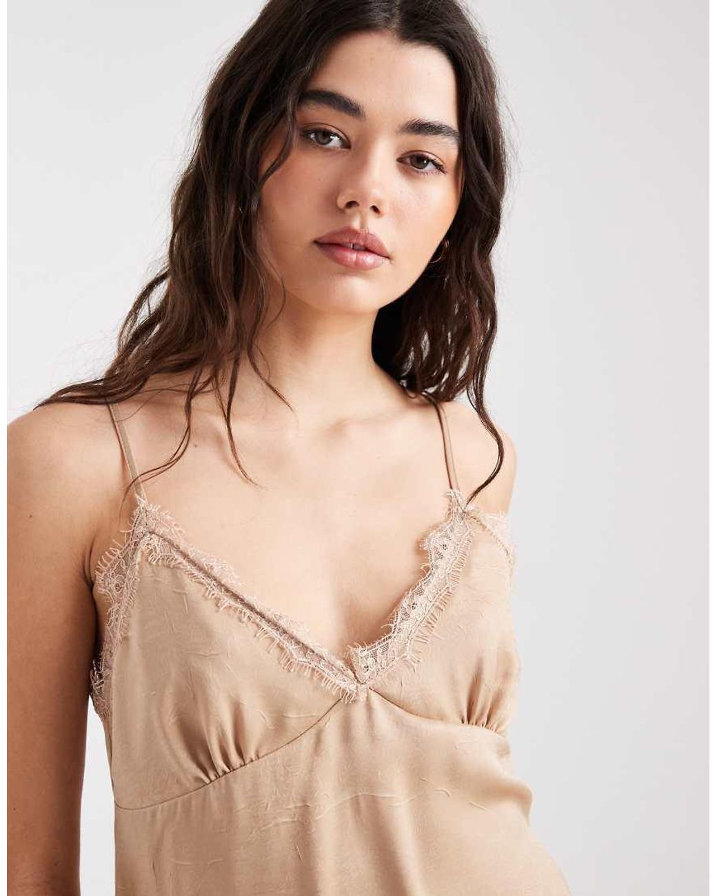 ASOS Natural Crushed Satin Asym Hem Lace Trim Cami