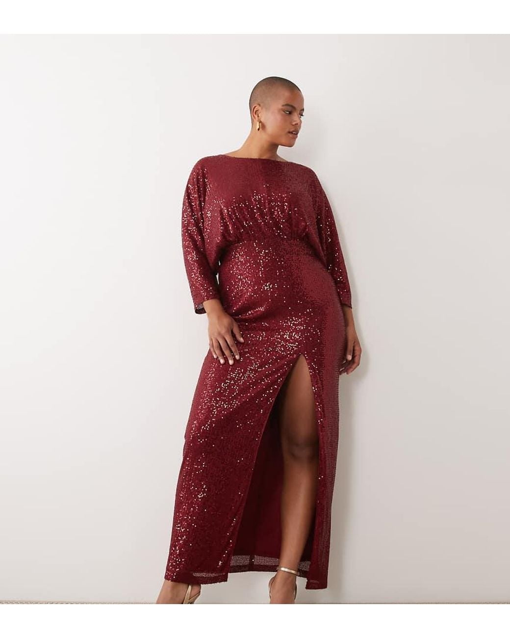 Tfnc Plus Red Sequin Mesh Kimono Sleeve Thigh Split Maxi Dress