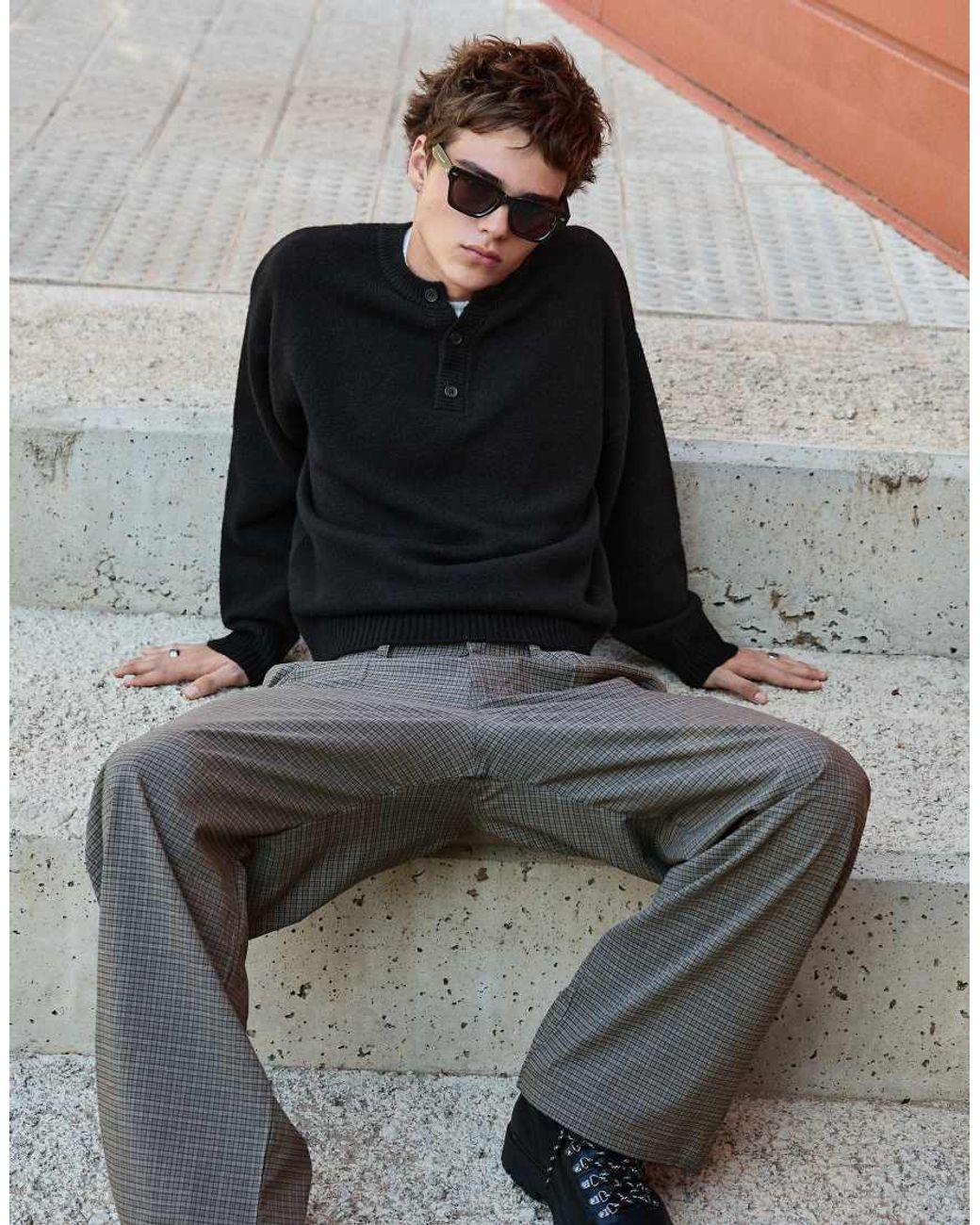 Bershka Black Contrast Knit Henley Jumper for men