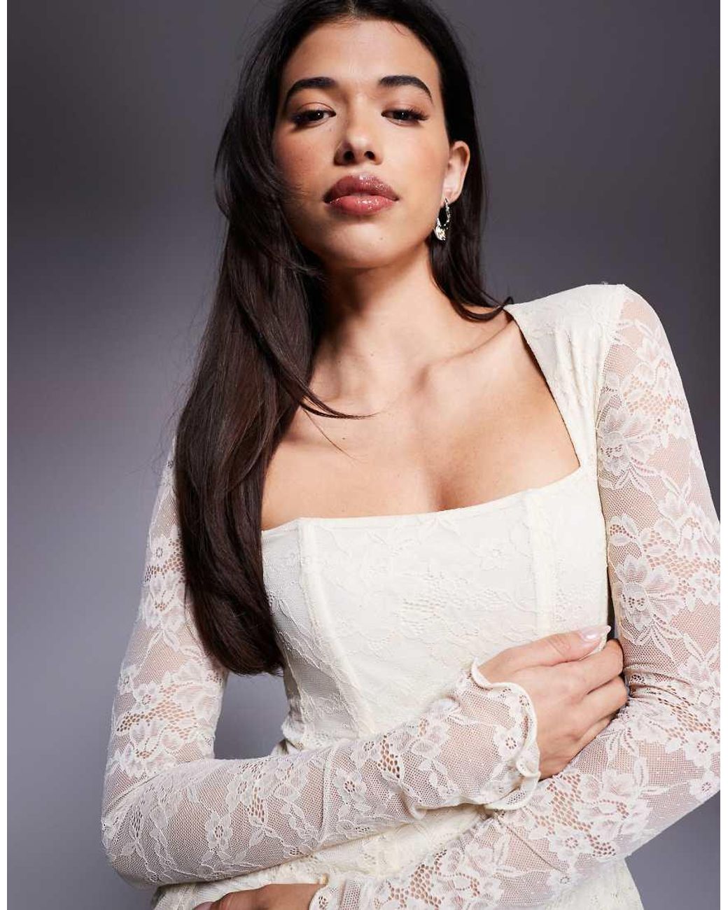 Murci White Square Neck Long Sleeve Gathered Ruffle Hem Lace Mini Dress