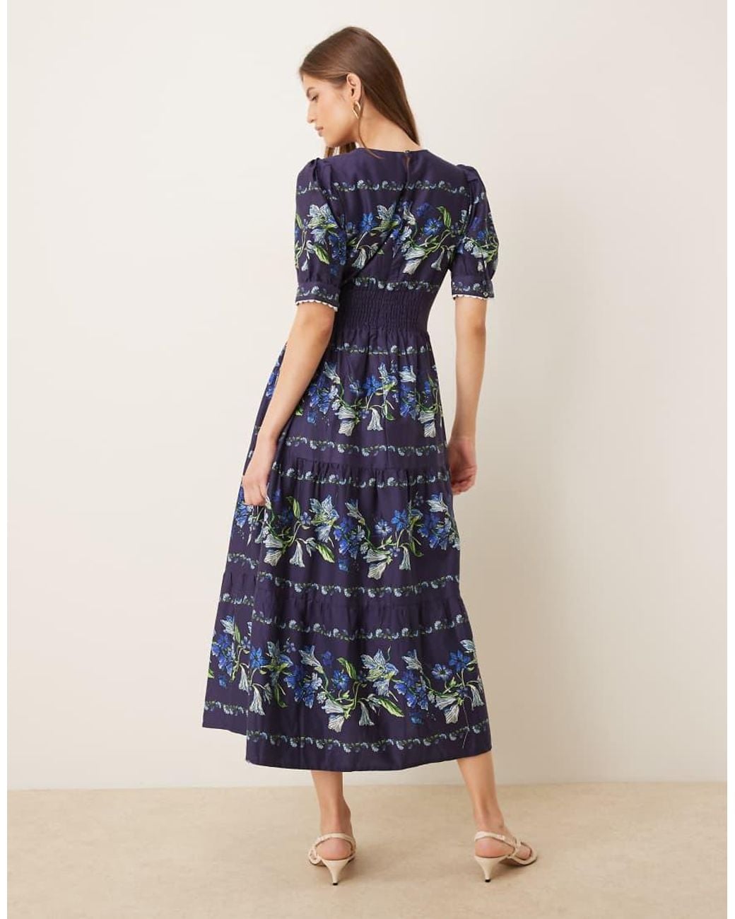 Hope & Ivy Blue Cotton Button Front V Neck Midi Dress