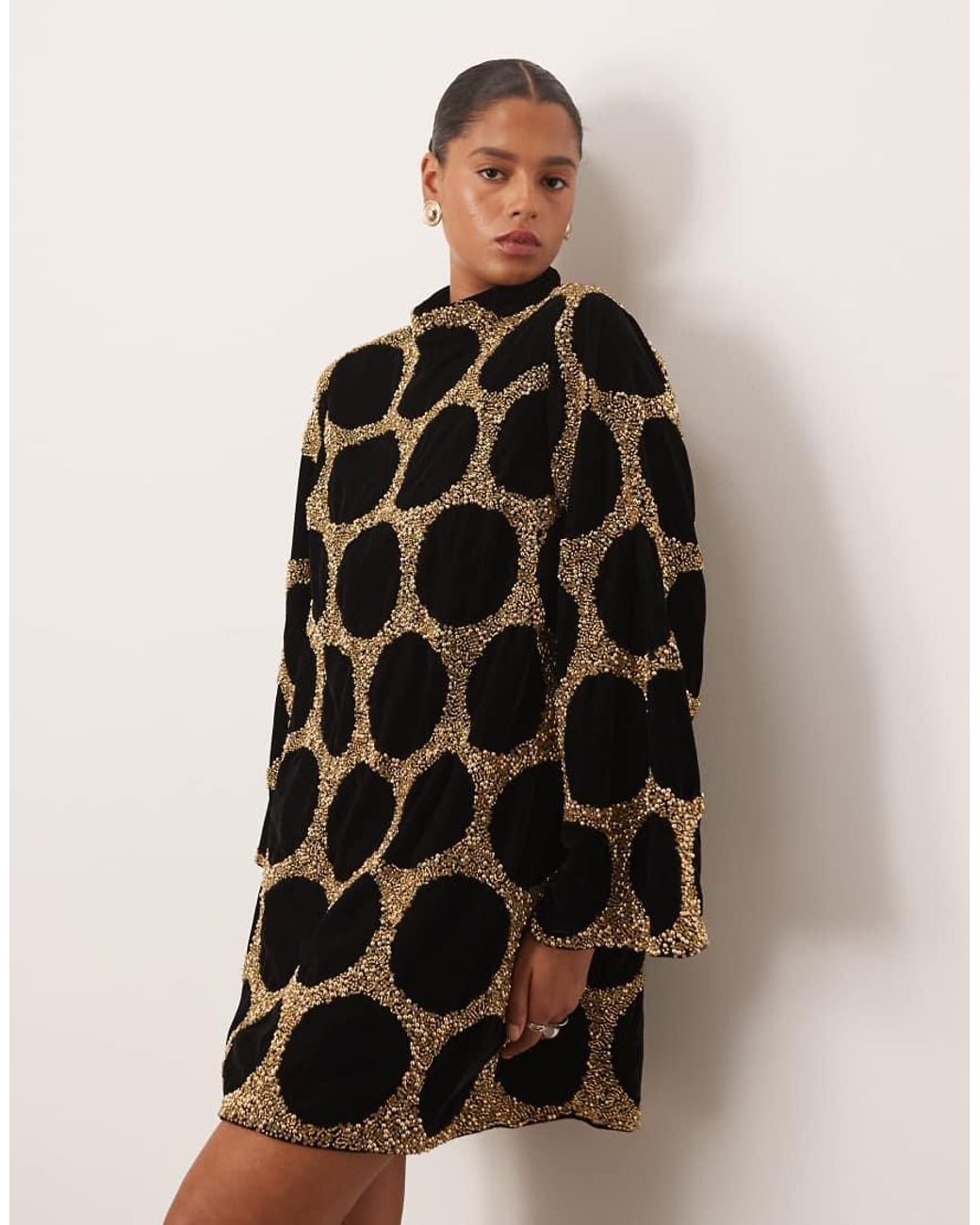 ARRANGE Black Curve Embellished Spot Long Sleeve Mini Dress