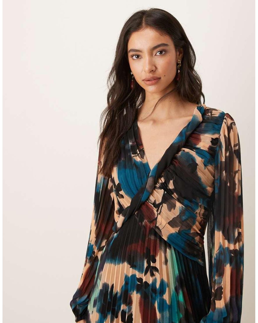 ASOS Multicolor Twist Detail Wrap Front Pleated Midi Dress