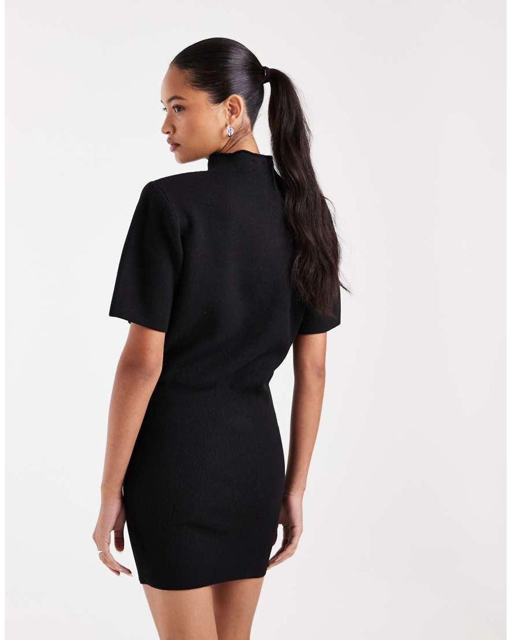 ASOS Black Shoulder Pad Short Sleeve Ruched Dress