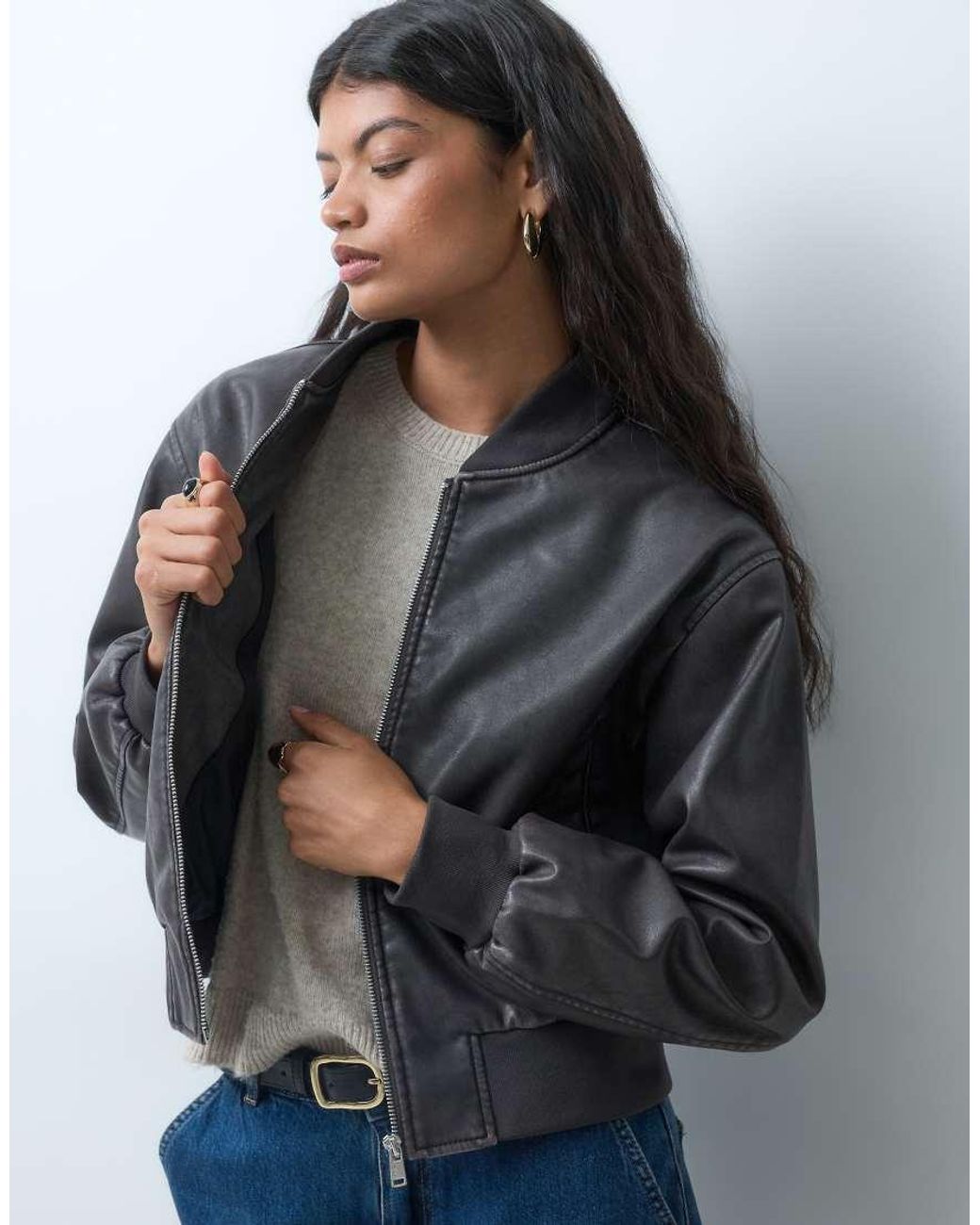 ONLY Gray Faux Leather Washed Bomber Jacket