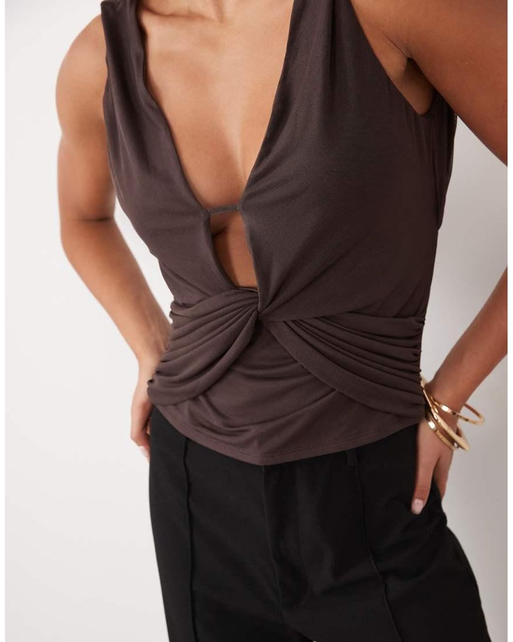 ASOS Black Plunge Draped Mesh Top