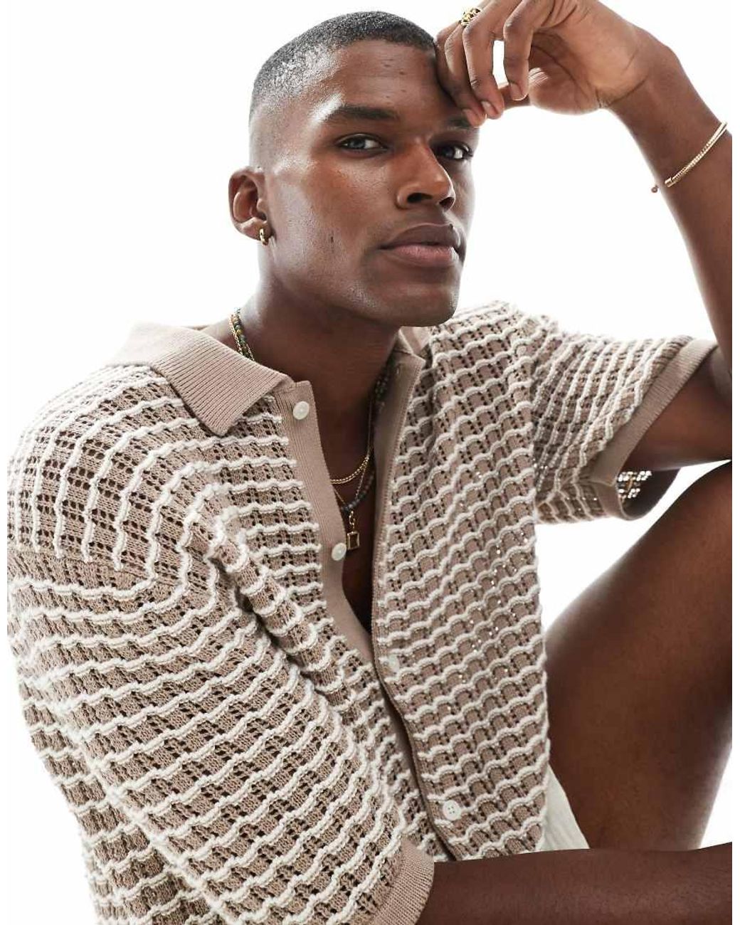 Jack & Jones Natural Crochet Button Through Polo for men