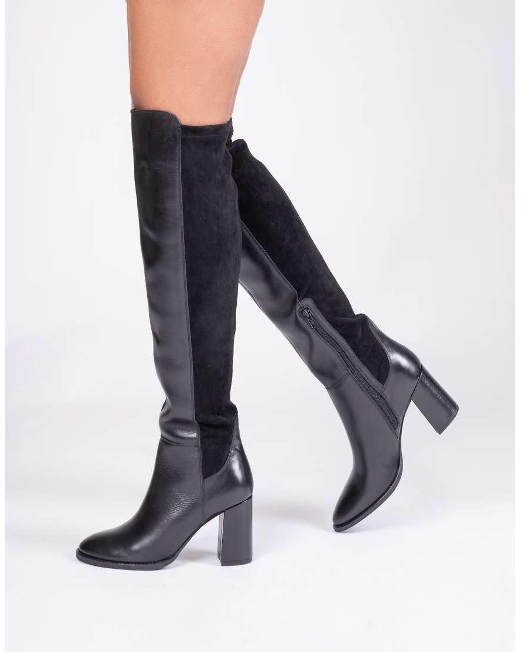 OFF THE HOOK Blue Halle Over-The-Knee Leather Boot With Block Heel And Inner Side Zip
