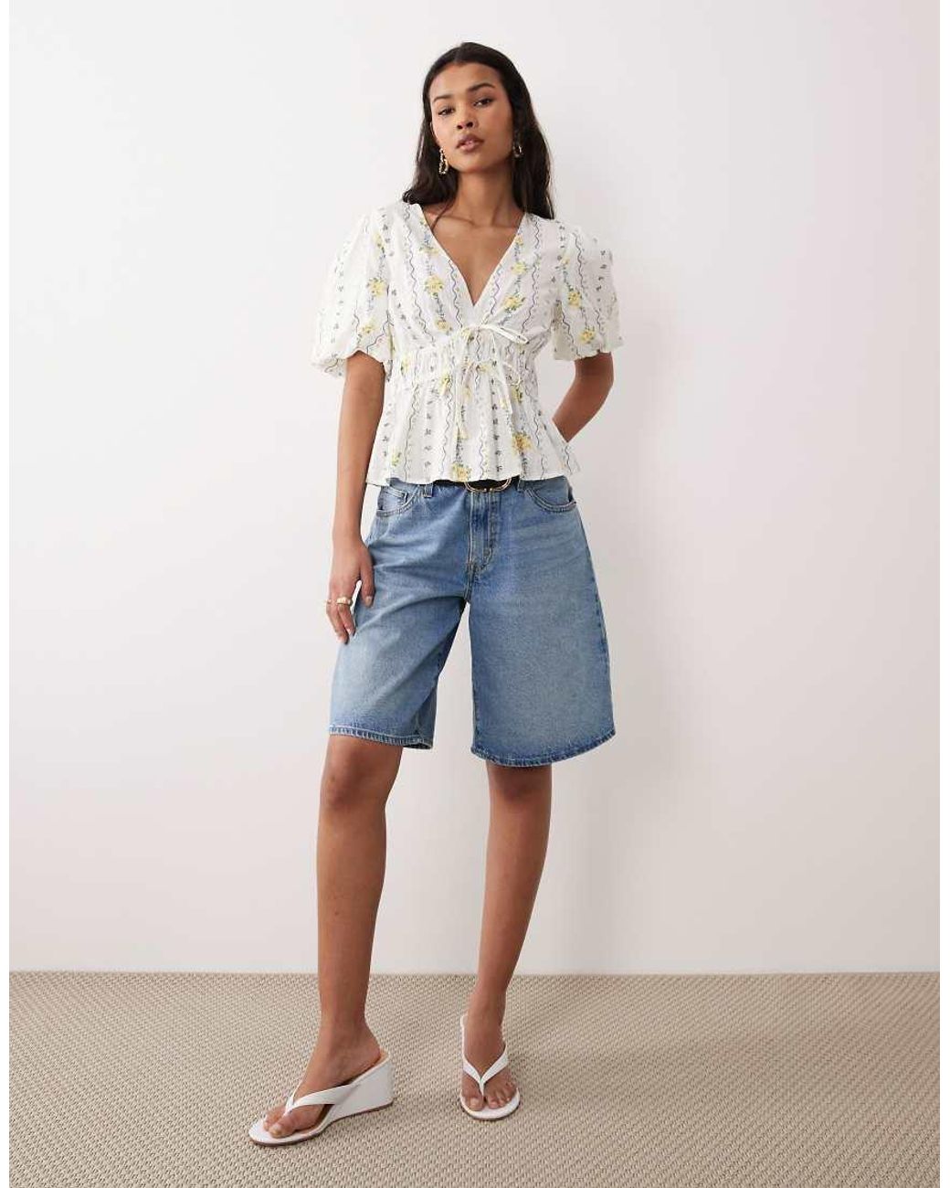 Nobody's Child Blue Cordelia V-neck Puff Sleeve Tie Detail Top