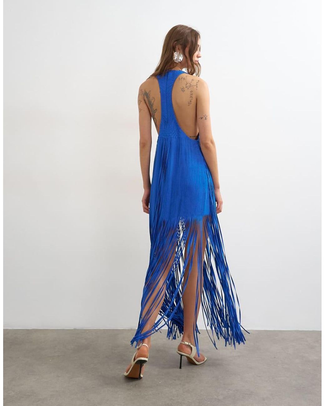 TOPSHOP Blue Premium Viscose Satin Handstitched Applique Bodice Fringed Maxi Dress