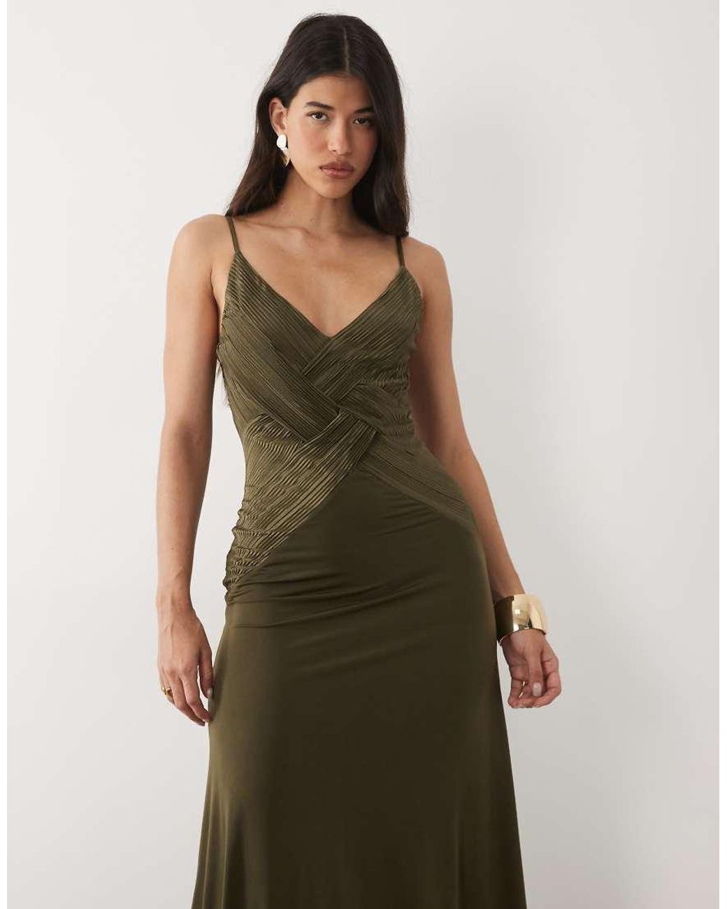 ASOS Green Plisse Contrast V Neck Maxi Dress With Open Back