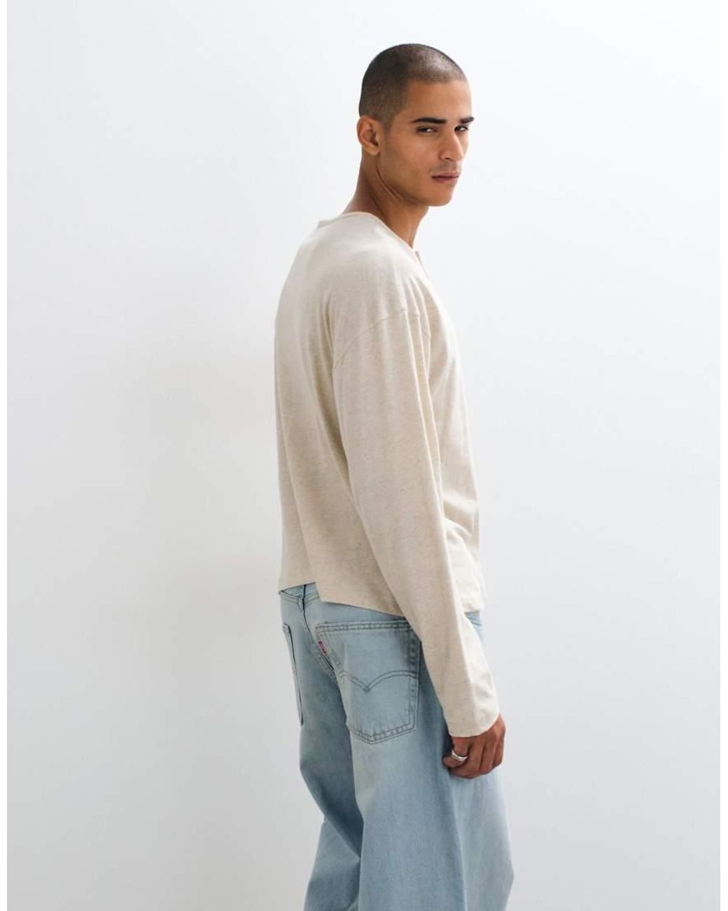 ASOS White Boxy Oversized T-shirt With Linen And Henley for men