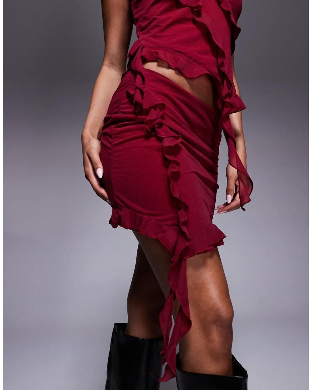 ASOS Red Co-ord Mesh Asymmetric Ruffle Mini Skirt
