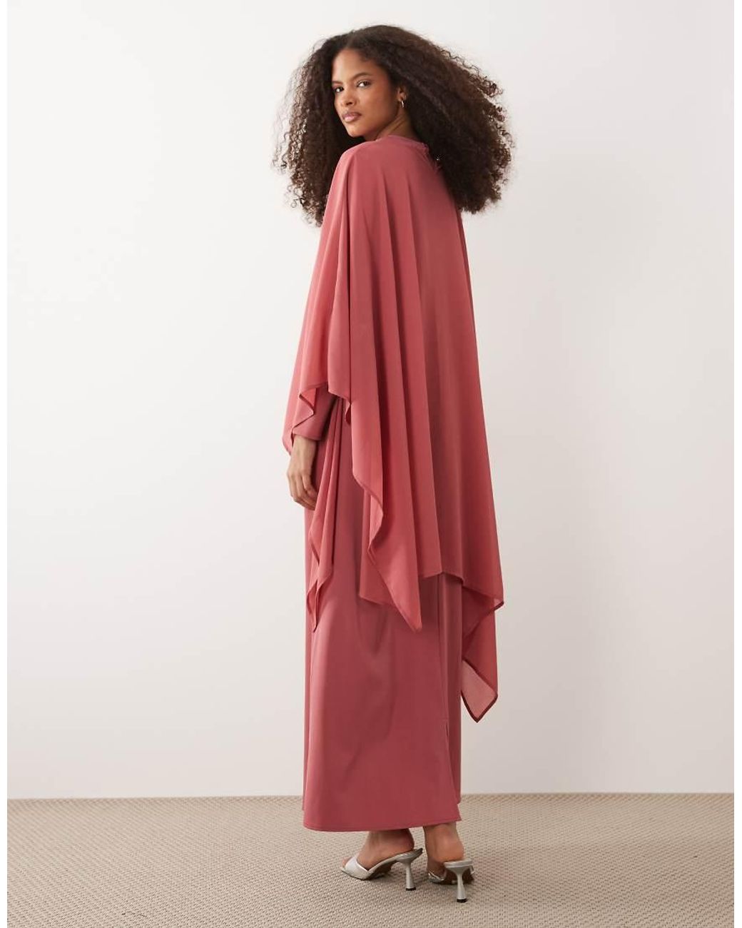 Iyal Red Chiffon Overlay Cape Drape Detail Satin Maxi Dress