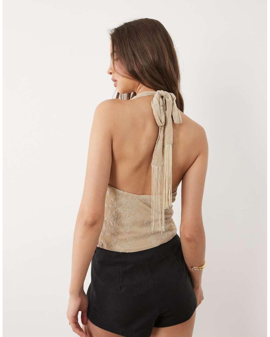 Motel Natural Mufusa Petal Tassle Scarf Detail Top