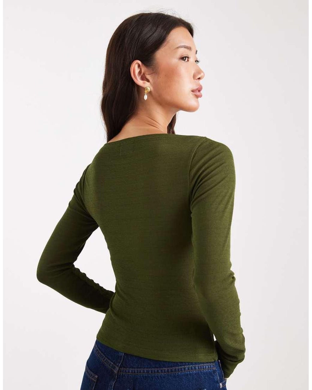 ASOS Green Textured Mesh Slash Neck Long Sleeve Top