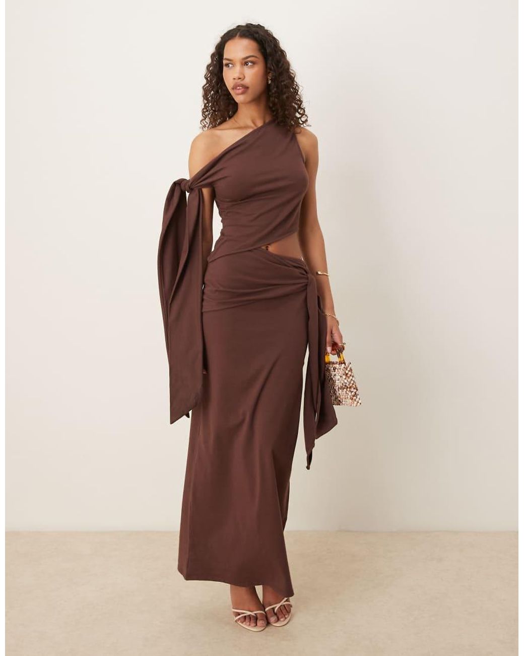 ASOS Brown Fallen Shoulder Midi Dress With Tie Detail