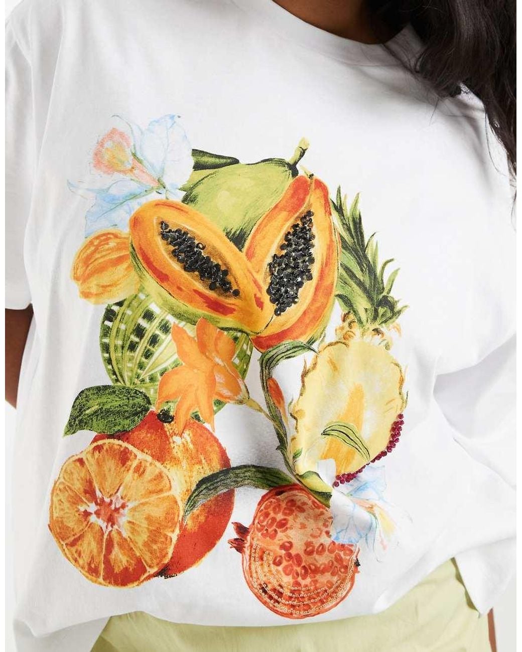 ASOS White Asos Design Curve Drop Shoulder T-shirt With Beaded Fruit Graphic