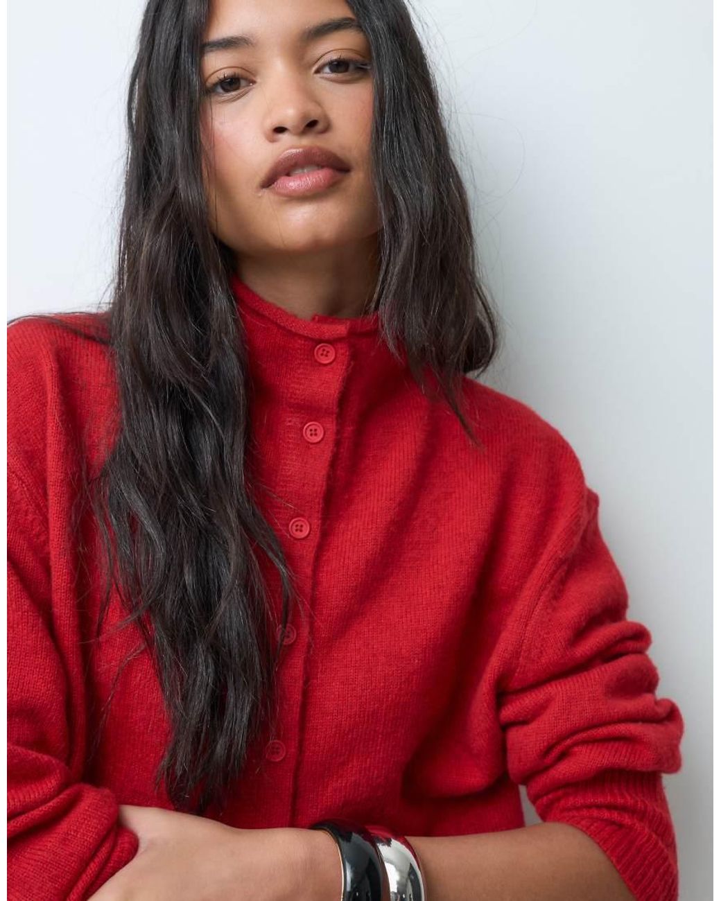 ASOS Red Funnel Neck Concealed Placket Relaxed Cardigan