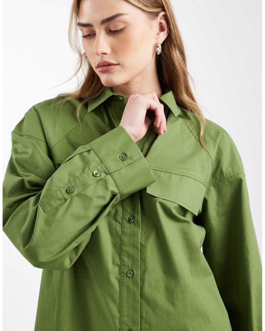 ASOS Green Long Sleeve Mini Shirt Dress With Front Pockets