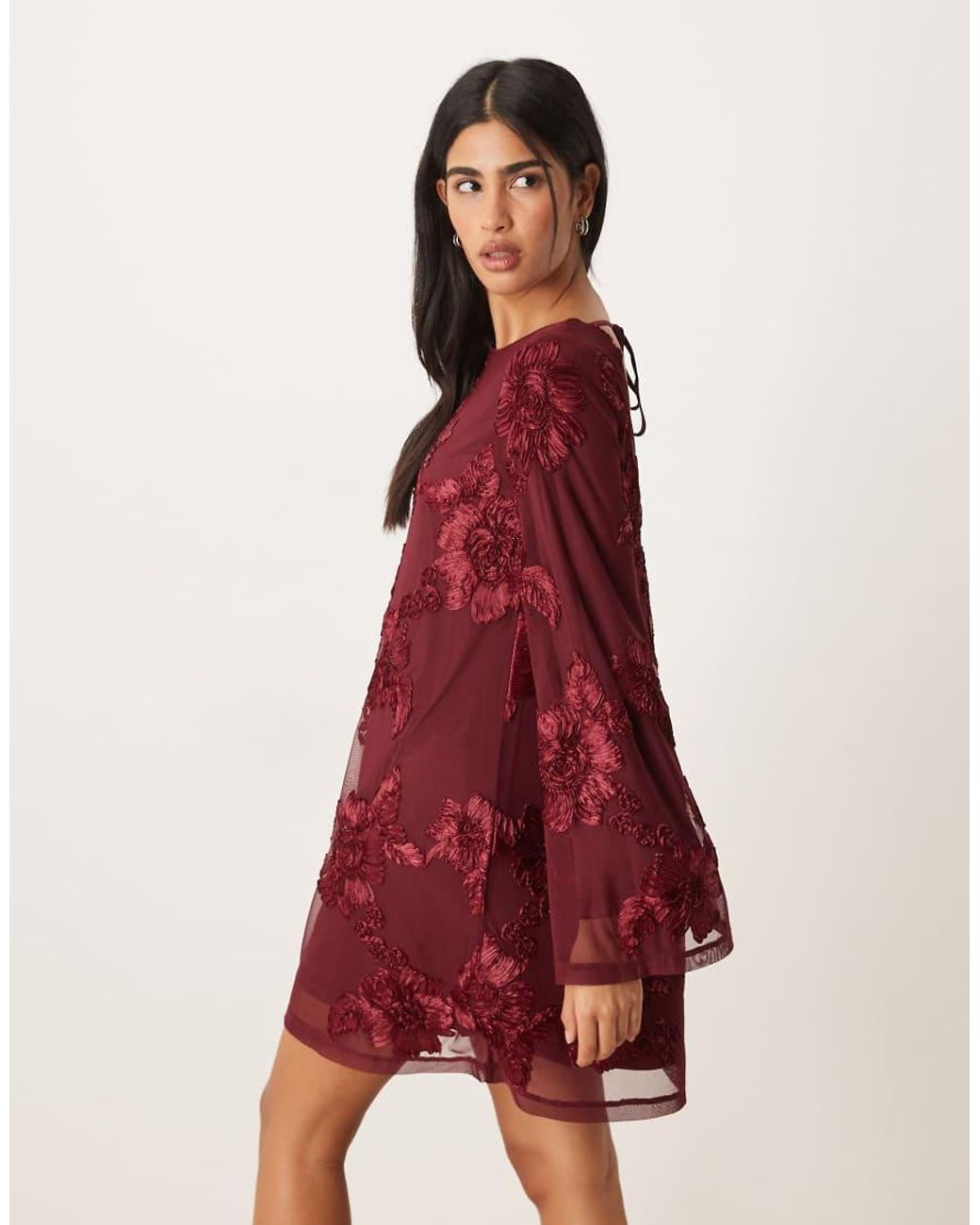 Gina Tricot Red Long Wide Sleeve Sleeve Flowy Mini Dress With Open Back