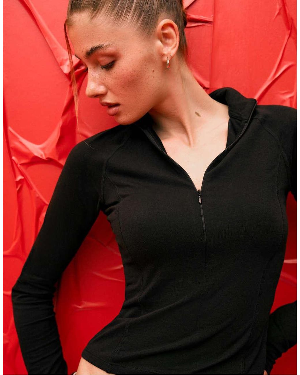 Stradivarius Red Long Sleeve Quarter-zip Running Top