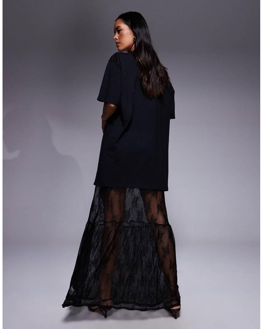 Fashionkilla Blue Exclusive Cotton Lace Tiered Hem Maxi T-shirt Dress