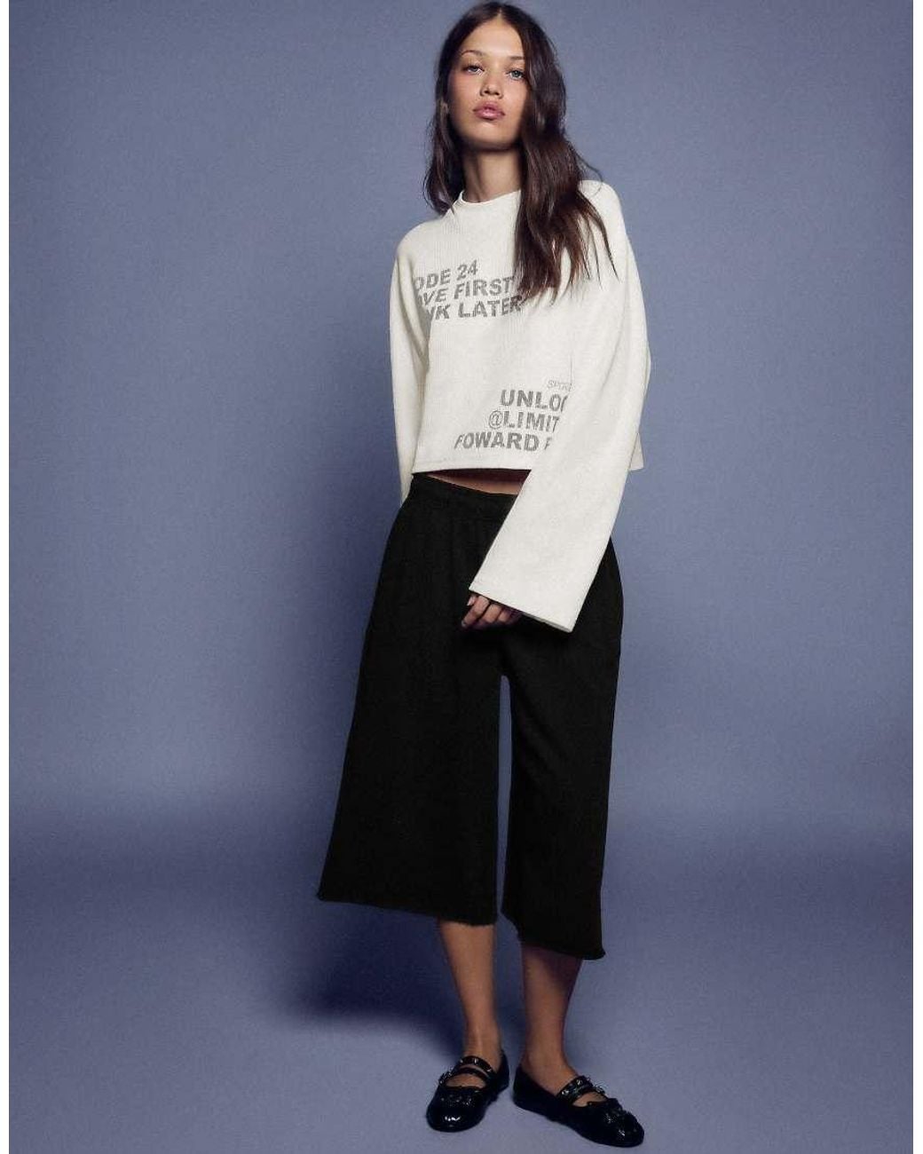 Bershka Blue Round Neck Print Sweatshirt