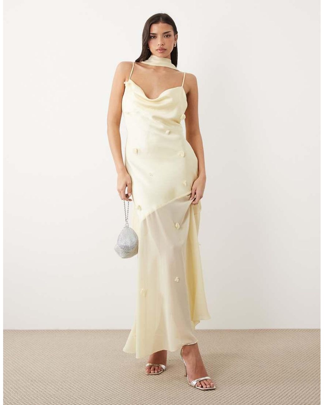 Gina Tricot Natural 3d Floral Cowl Neck Sheer Maxi Dress