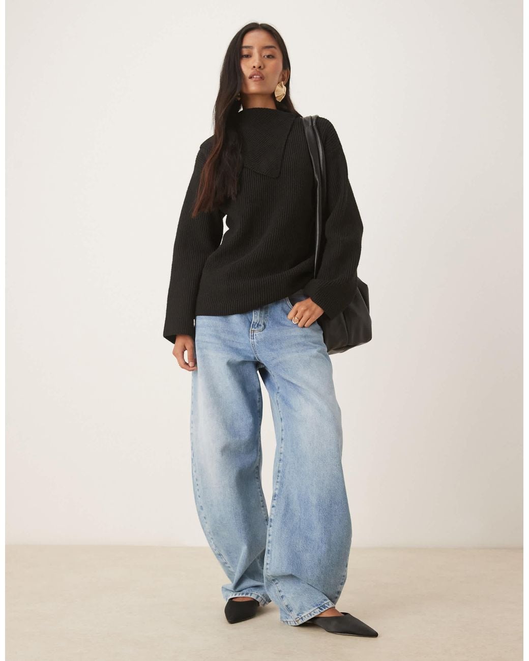 Pretty Lavish Black Split Collar Oversized Knit Jumper