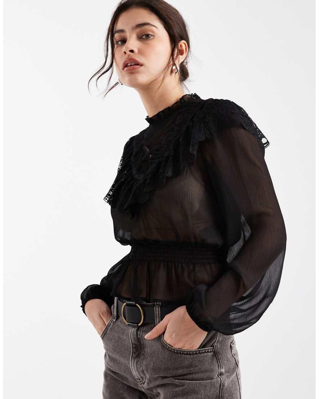 New Look Black Lace Insert Chiffon Blouse