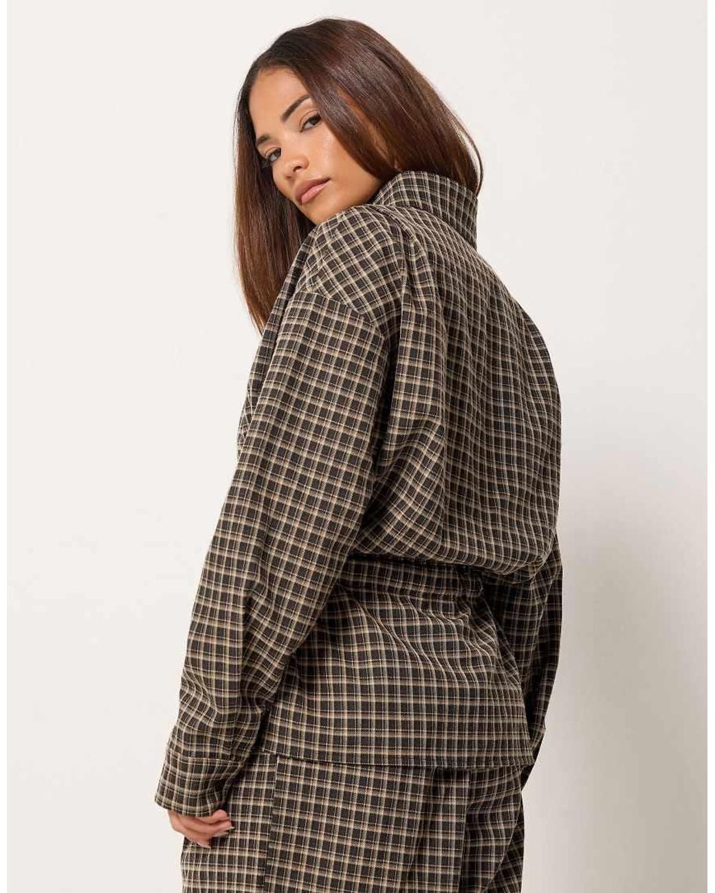 PixieGirl Brown Petite Check Funnel Neck Jacket
