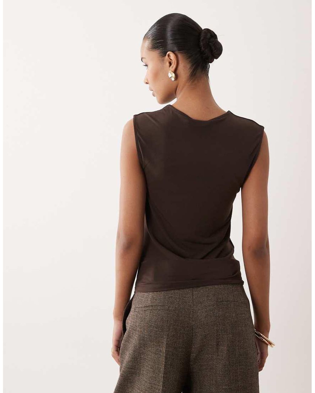 Mango Brown Sheer Lace Detail Sleeveless Top