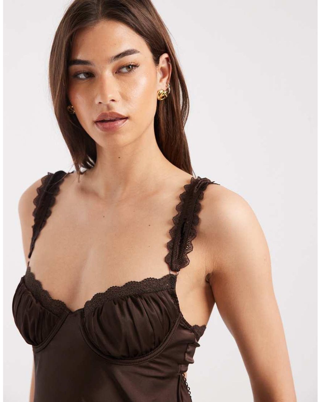 KAT THE LABEL Brown Celeste Satin Slip Dress