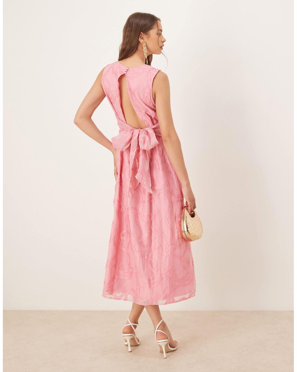 Y.A.S Rope Embroidered Bow Back Detail Midi Dress in Pink | Lyst
