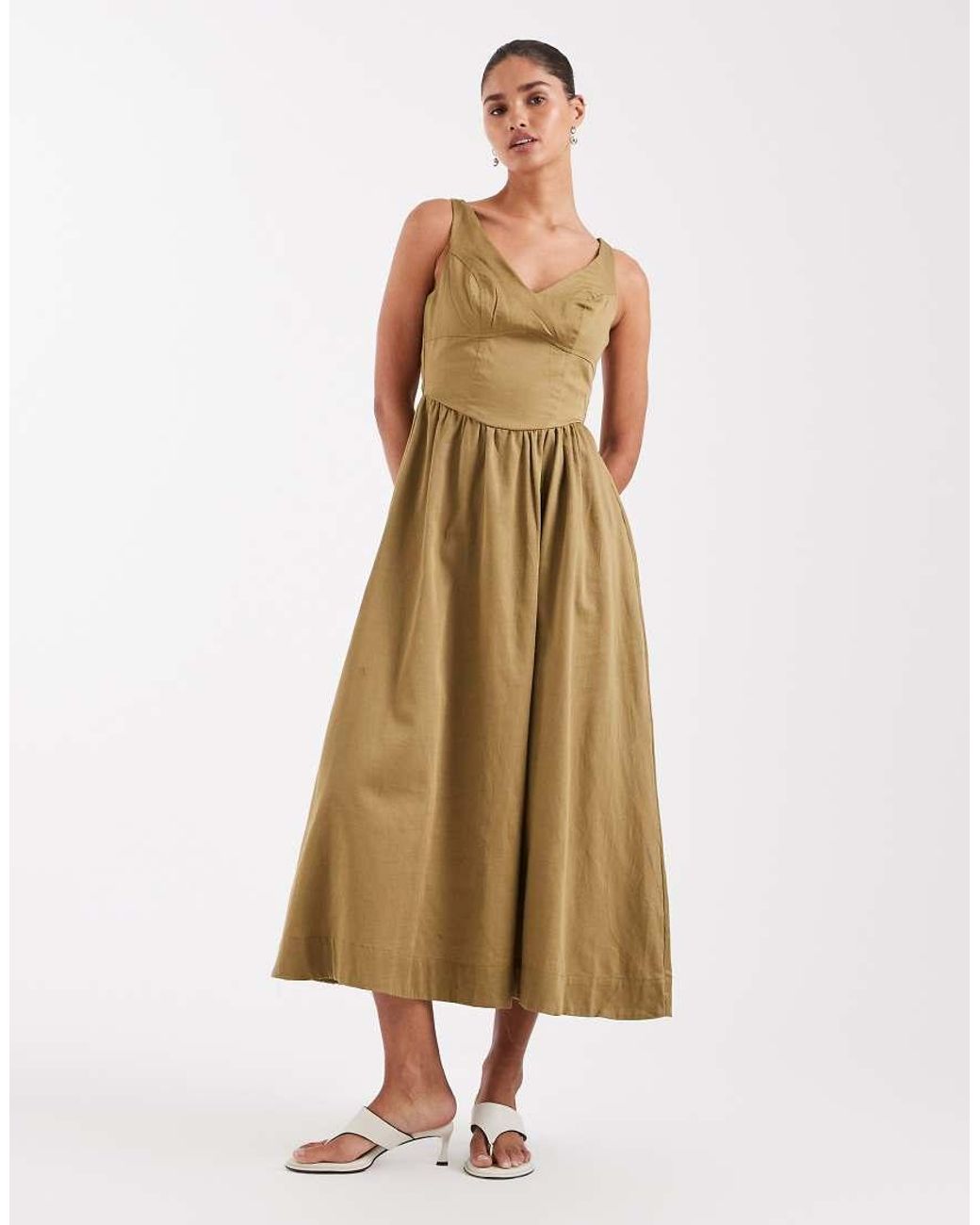 ASOS Natural Waisted V Neck Maxi Dress With Seaming Details