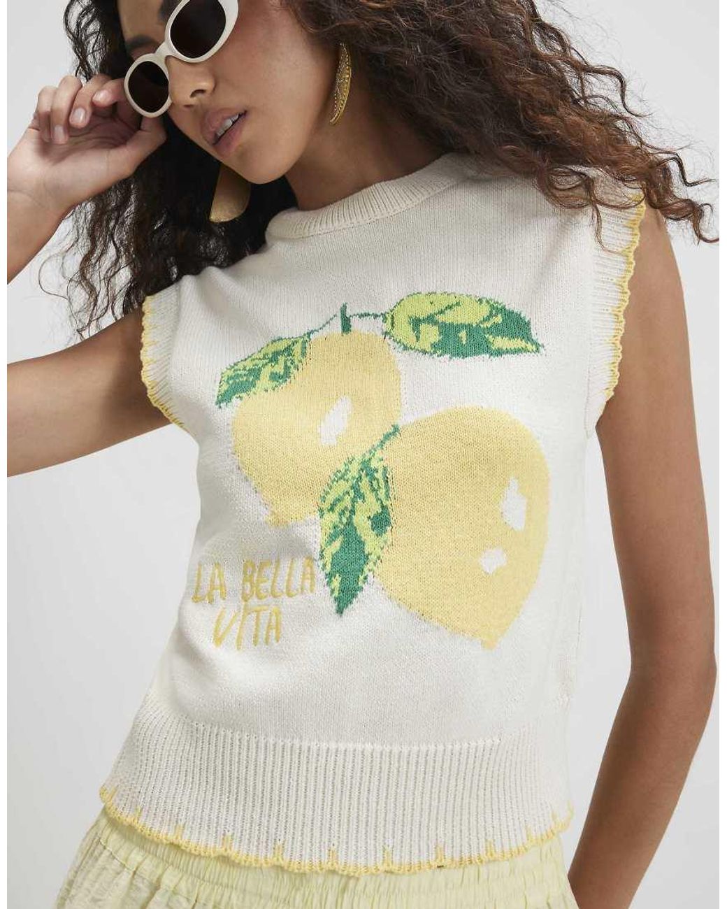 River Island White Knitted Lemon Whipstitch Tank Top