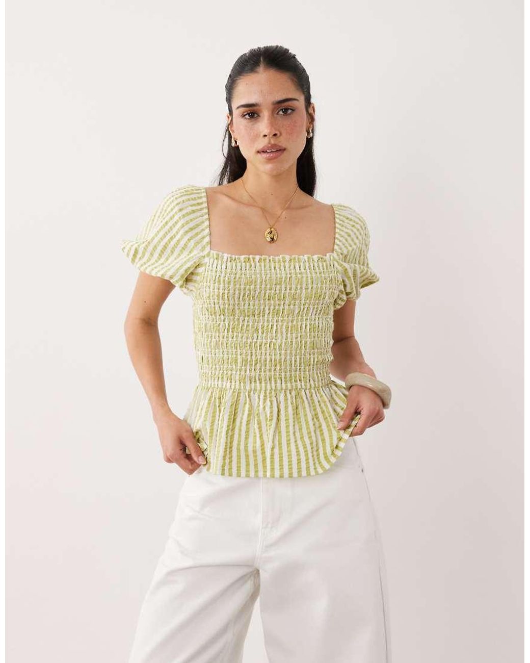 New Look Green Stripe Shirred Top