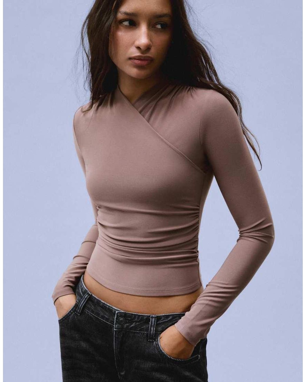 Bershka Blue Polyamide Draped Long Sleeve T-shirt