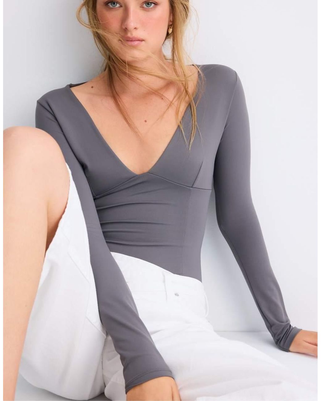 Stradivarius Gray V-neck Bodysuit With Under-bust Gathering