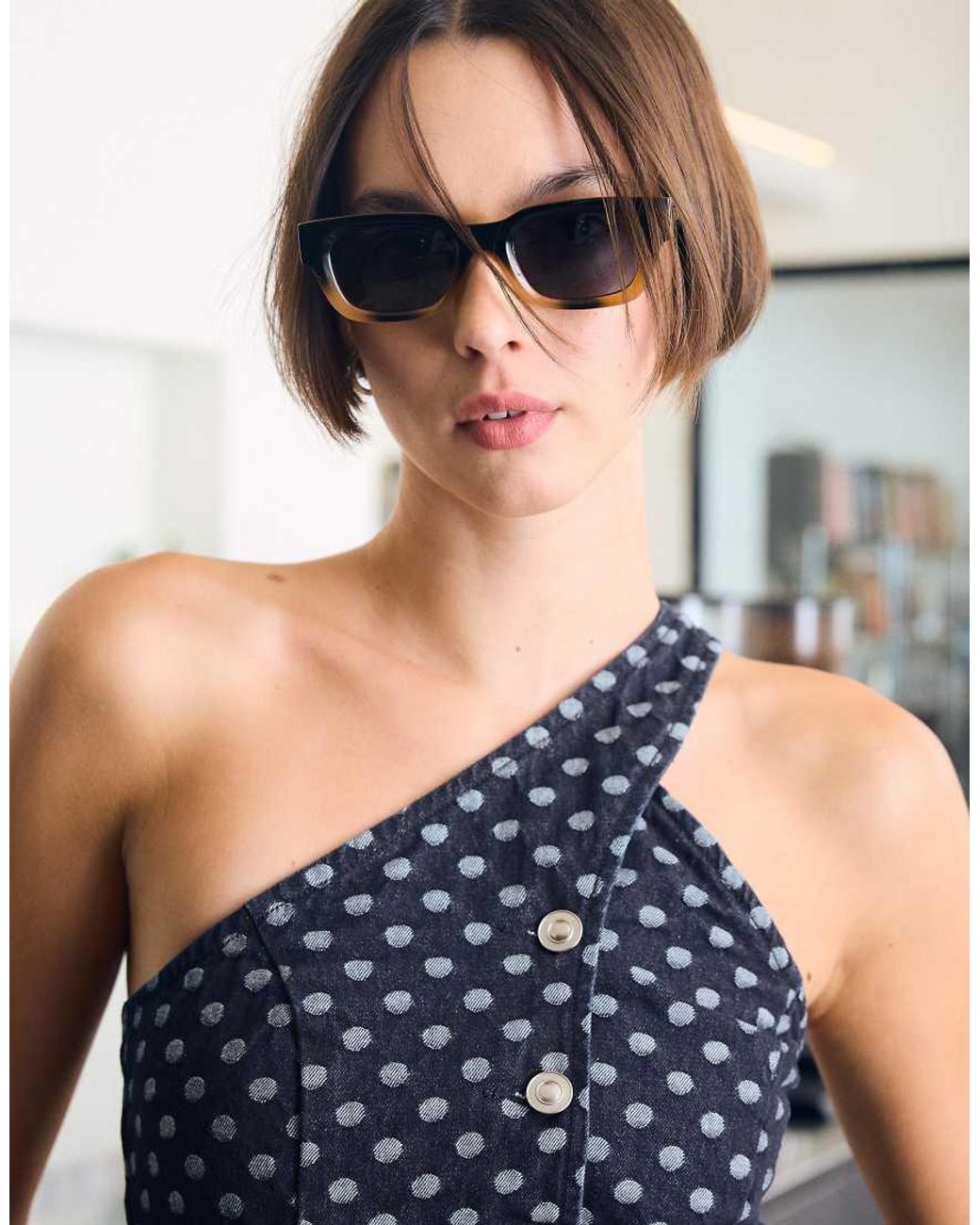 Bershka Blue Asymmetric Polka Dot Denim Top