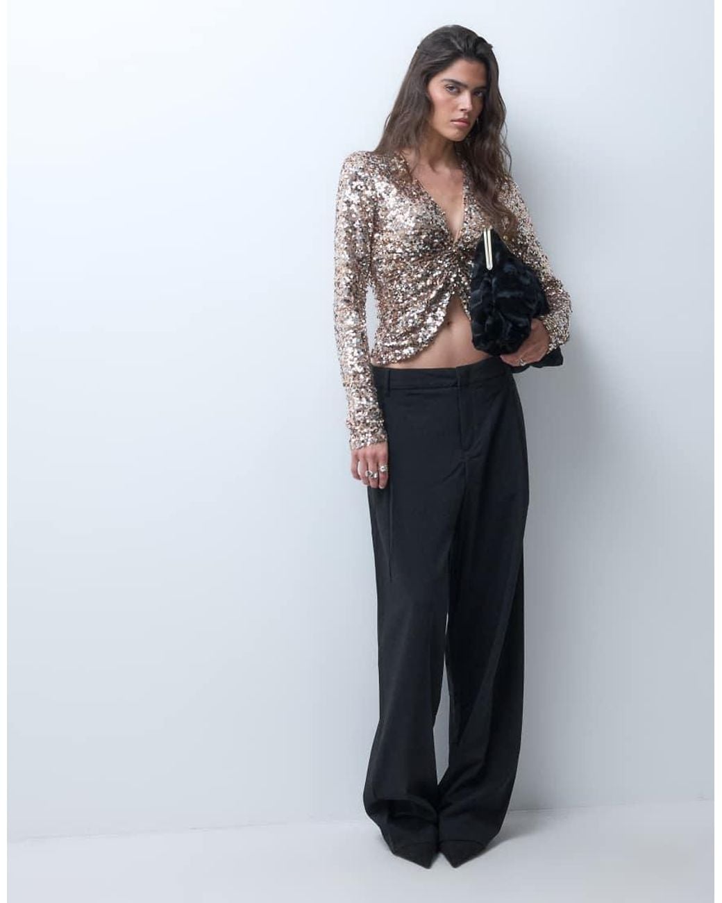 ASOS Brown Sequin Plunge Drape Long Sleeve Top