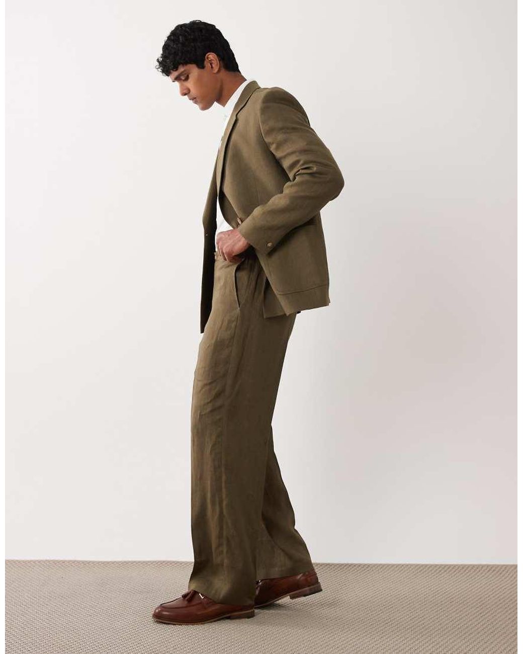 ASOS Natural Premium 100% Linen Wide Suit Pants for men